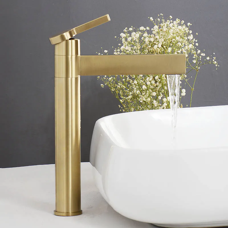 Brushed gold-Tall Матовый золотой латунный кран для ванной комнаты, смеситель для холодной и горячей воды, черный/золотой/хром/розовое золото - Цвет: Brushed gold-Tall