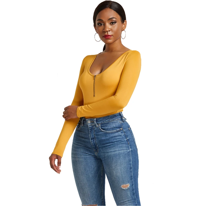 Sexy Deep U Neck Quarter Zip Women Bodycon Bodysuit Y2K Girls Long Sleeve Stretchy Open Stitch Bodysuits for Women Plus Size