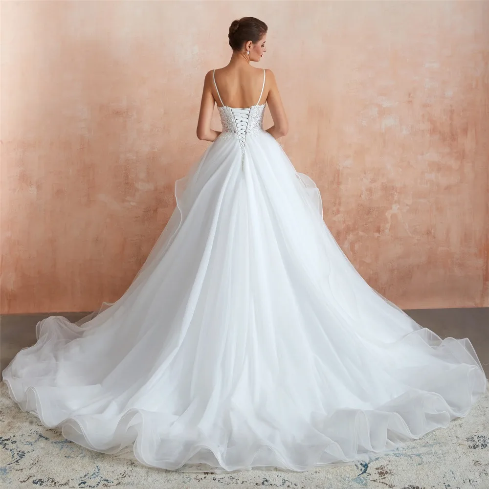 Princess Lace Appliques Long Wedding Dress White Ivory Tulle Bride Wedding Gowns Sexy V Neck Open Back Ball Gown Wedding Dresses (5)