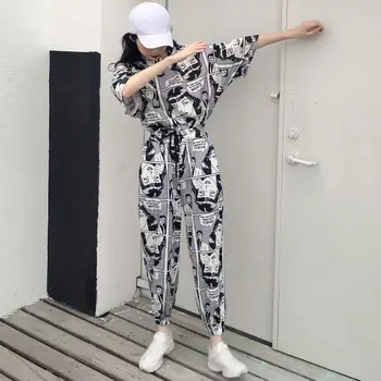 

Harajuku Women Set Fashion Cartoon Printed Short Sleeves T Shirt Tops+Long Pants Korean Tracksuits Suit Hip hop Clothes