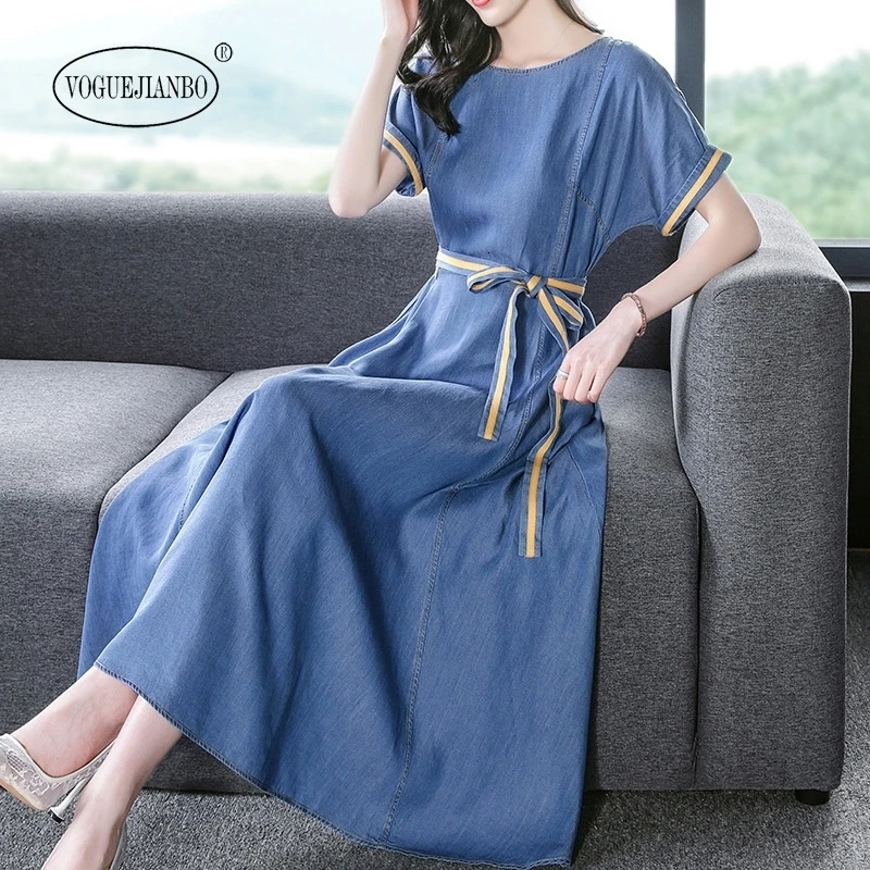 Tencel, джинсовое платье для женщин, весна, новинка, темперамент, круглый вырез, тонкое платье, vestidos de verano, сексуальное женское платье, Ретро стиль