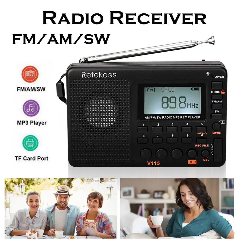 RETEKESS V115 радио ресивер FM AM SW портативный карман с USB MP3 цифровой рекордер поддержка