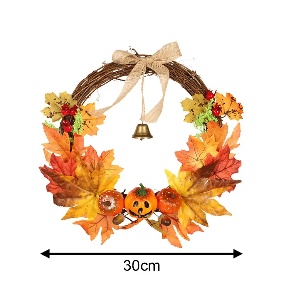 Halloween Wreath Garland Door Hanging Pumpkin Maple Leaf Bell Thanksgiving Decoration Linen Knot Wall Hanging Garland 30x30cm