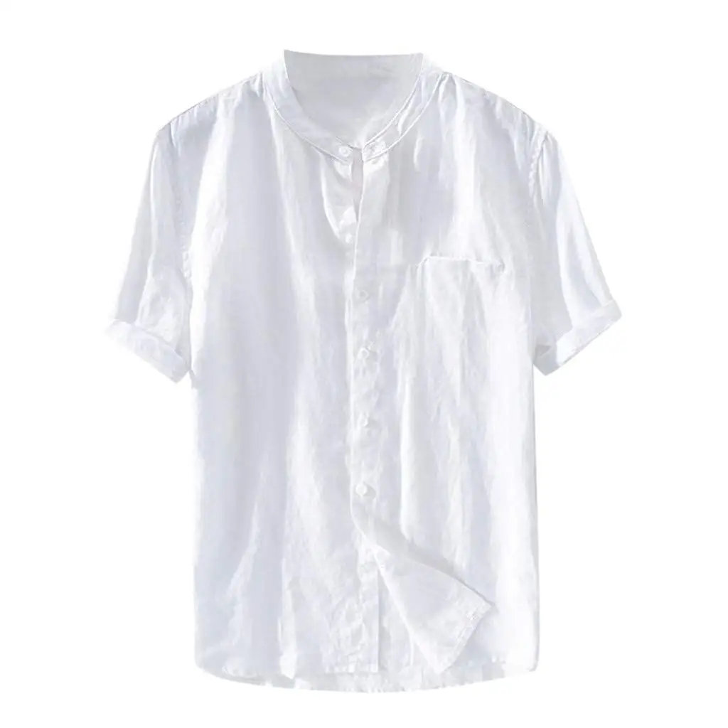 

Men Baggy Cotton Linen Solid Color Short Sleeve Button Down Retro T Shirts Tops Blouse Beach Style Cotton