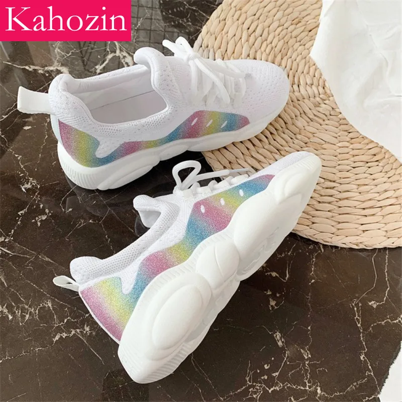 

Kahozin 2019 New Fashion Chunky Sneakers For Women Platform Vulcanize Shoes PU lattice lace-up bling Casual Shoes size33-46