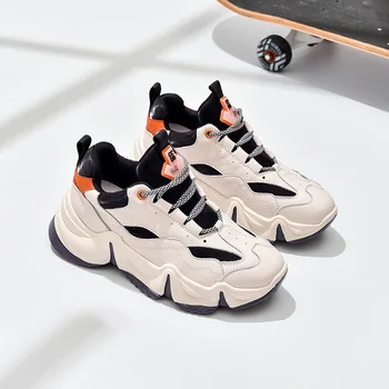 

Spring daddy shoes new leather Korean version of the wild lace-up small white shoes thick bottom casual women's shoes