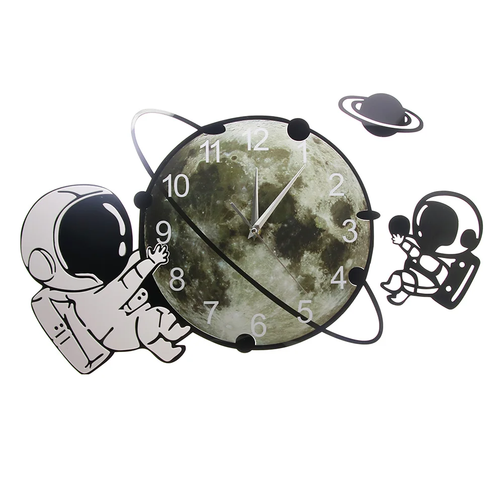 Astronaut On The Moon Cartoon Spaceman Wall Clock Silent Non Ticking Outer Space Wall Art Cosmonaut Kids Room Decorative Clock Just6F
