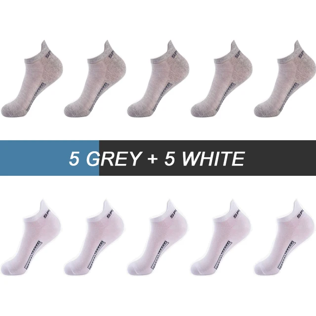 10Pairs High Quality Men Ankle Socks Breathable Cotton Sports Socks Mesh Casual Athletic Summer Thin Cut Short Sokken Size 38-44 5 Grey 5 White