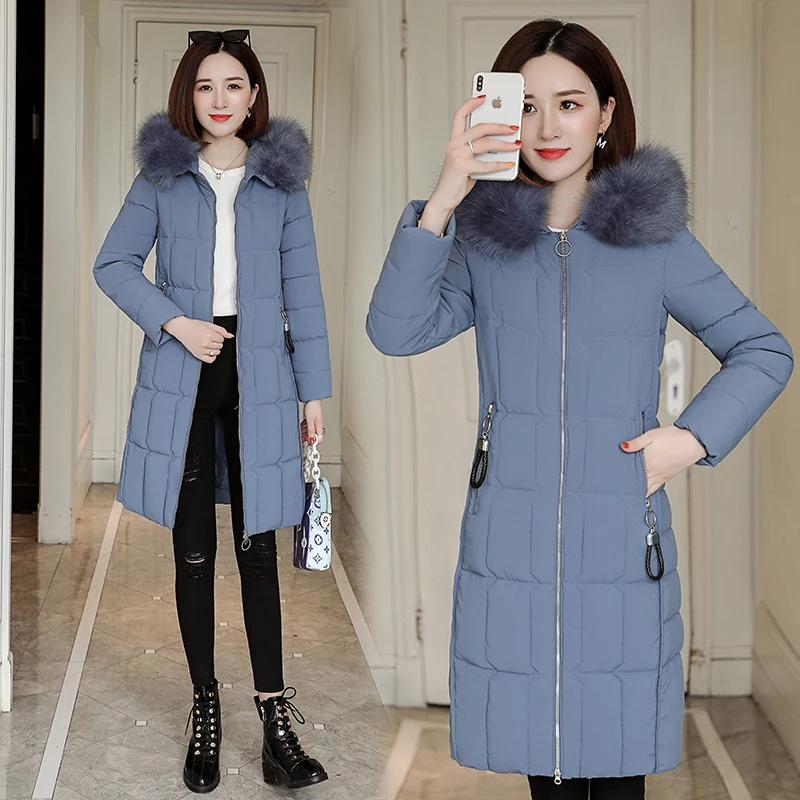 Новые зимние куртки женские пальто с капюшоном с меховым воротником размера плюс 4XL Дамская стеганая верхняя одежда облегающая длинная парка зимнее пальто для женщин - Цвет: Синий