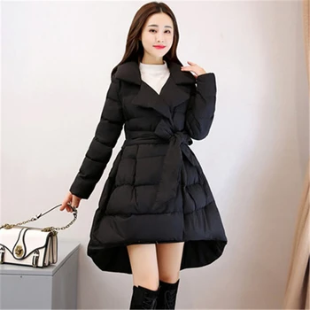 

Winter Women's Down Cotton Coats New Fashion Female Cotton Parkas Slim Belt Thicken Warm ladies Overcoat Women Outerwear T821