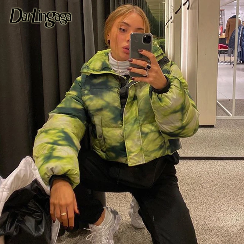 

Darlingaga Tie Dye Thick Autumn Winter Coat Women Parka Fashion Warm Down Jacket Zipper Overcoat Cropped Jackets Coats Outerwear