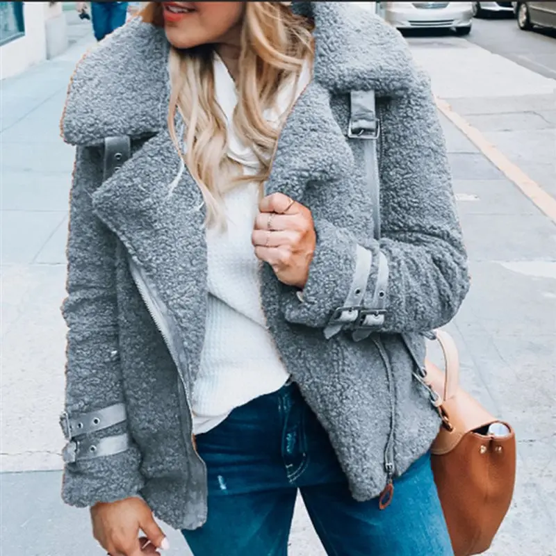 

Casual Fashion Faux fur patchwork soft leather coat Women autumn short warm jacket coat female fluffy teddy winter coat outwear