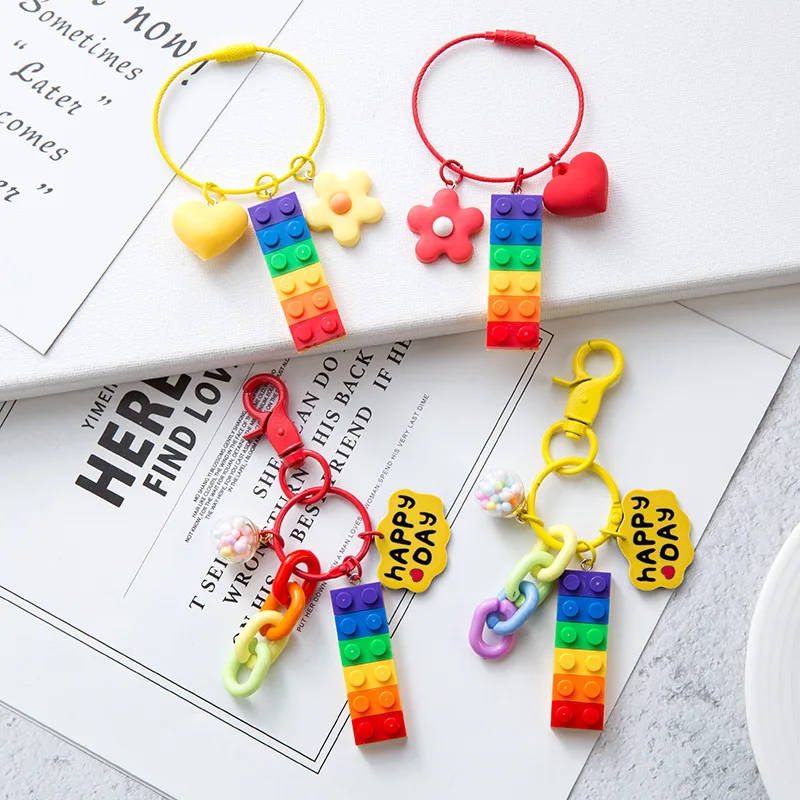 

Rainbow Building Block Keychains Loveliness Pink Small Bell Pendant Key Chain Creativity Cartoon Automobile Handbag Key Ring