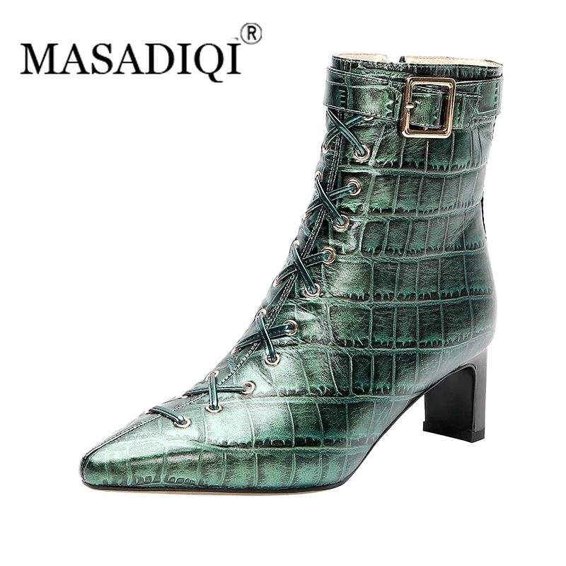 

MASADIQI Luxury Handmade Women's Shoes Woman Ankle Boots Genuine Leather Cross-tied Zipper Ladies Party Wedding Shoes Woman 2020