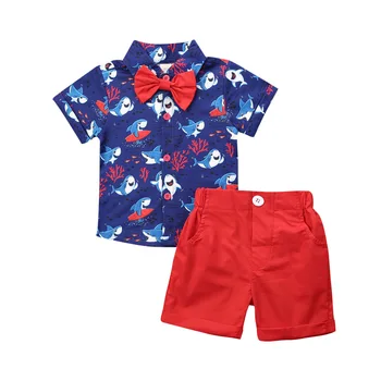 

2020 New Summer Outfits For Toddler Baby Kids Boy Gentleman Cartoon Shark Print Shirt Tops+ Sheer Shorts Children's Clothes Set