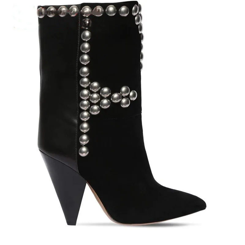 

New Sexy Pointed Toe Cowboy Botas Mujer Studded Ankle Boots For Women Black Suede Shoes Woman High Heels Femmes Chaussures