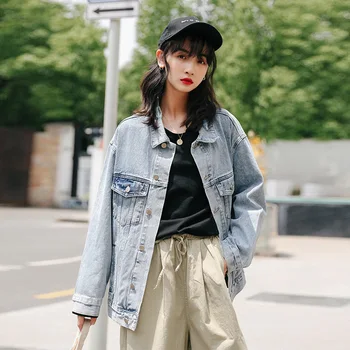 

Women Cotton Jean Jacket Loose Leisure hole Do old process female denim Coat Long Sleeve woman loose Tops Trend Fashionable