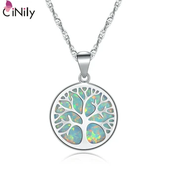 

CiNily Green White Fire Opal Necklaces & Pendants Silver Plated Tree of Life Family Roots Round Charm Couples Jewelry Men Grils