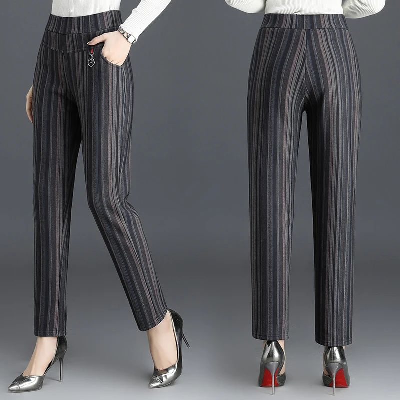 Зимние женские теплые бархатные прямые брюки с высокой эластичной талией в полоску, женские брюки размера плюс, одежда, брюки палаццо
