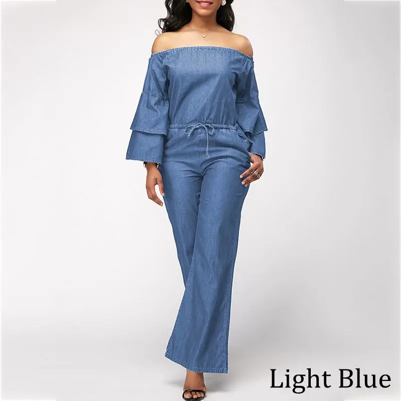 

Plus Size Women Demin Playsuits VONDA Off Shoulder Strapless Jumpsuit 2019 Ruffle Long Sleeve Rompers Wide Leg Pants Pantalon