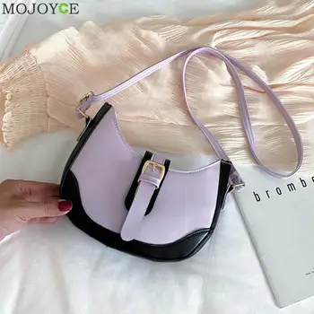 

Fashion Splicing Color Crossbody Bag Women Crescent PU Leather Shoulder Handbag Popular Simple Female Daily Bag