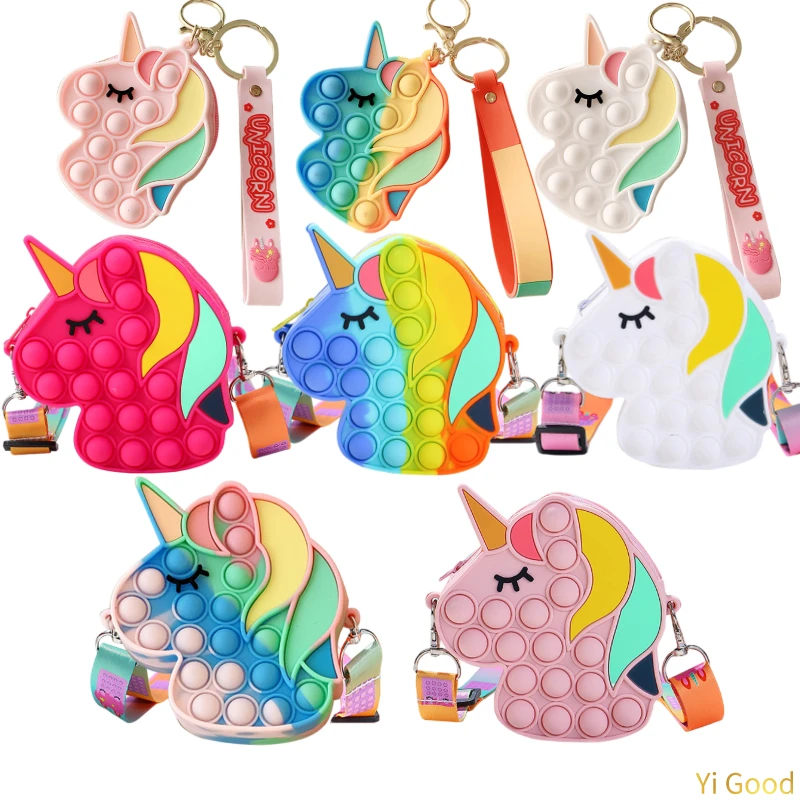 stress squeeze toy Rainbow Poppet Push Bubbles Toy Unicorn Kawaii Coin Purse Children Wallet Ladies Bag Silica Gel Simple Dimple Fidget Toy dna stress ball