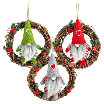

3 Pcs Santa Plush with Rattan Wreath, Christmas Doll Home Decoration for New Year Holiday Front Door Ornaments Gifts