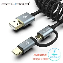 Usb type C пружинный спиральный кабель 2 в 1 Micro Usb кабель-удлинитель автомобильное зарядное устройство кабель для samsung huawei Android мобильных телефонов