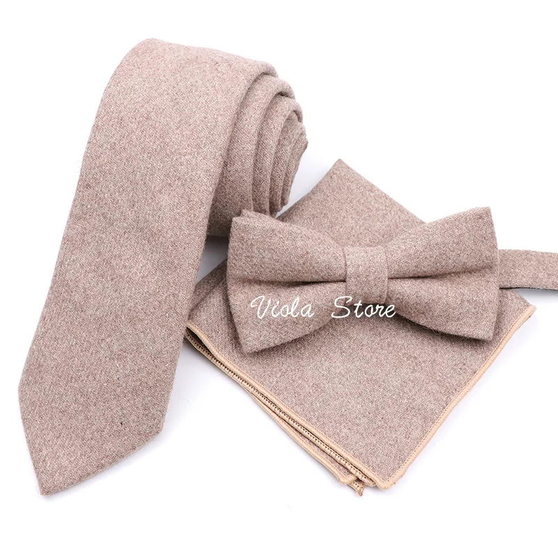 

Top 50%Wool Soft 7cm Tie Bowtie Hankie Sets Brown Pink Green Solid Plaid Classy Men Wedding Suit Party Cravat Accessory For Gift