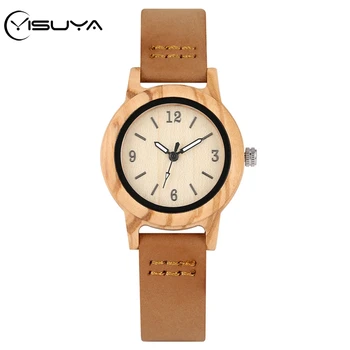 

YISUYA Simple Wood Quartz Watch Women Wooden Watch Slim Brown Leather Band Analog Quartz Clock Ladies Relogio Feminino 2020 NEW