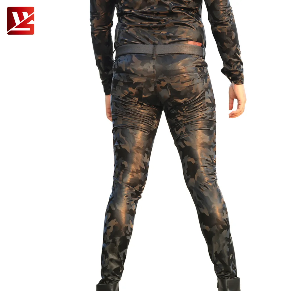 

Men's Slim Skinny Shooting Game Pu Faux Leather Camo Printed Pencil Pants Casual Camouflage Feet Pants Gay Wear Military Legging