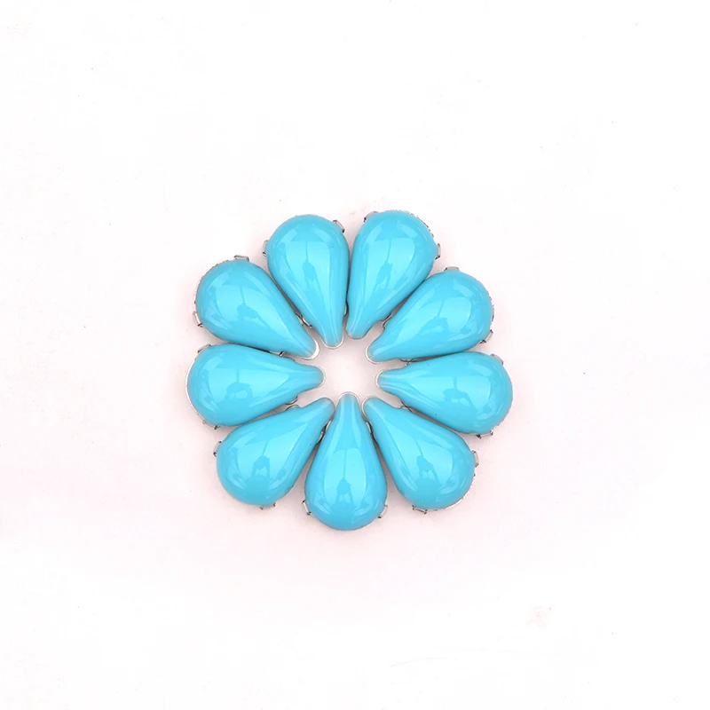 JUNAO, 100 шт., 8*13 мм, Aqua Blue, Стразы для шитья в виде капель, Серебряные Кристаллы, каменные аппликация, Прошитый Алмазный страз для украшения
