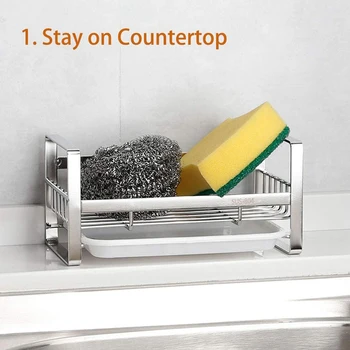 

Sponge Holder Sponge and Soap Holder for Kitchen Sink 304 Stainless Steel Kitchen Dish Soap Caddy Tray Organizer