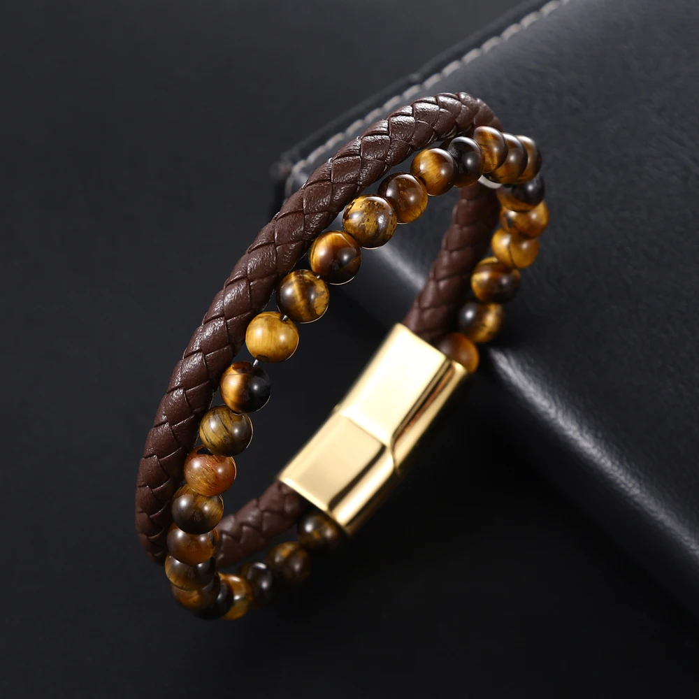 Men Yellow Tiger Eye Bracelet Many Styles Stainless Steel Magnetic Clasp Brown Genuine Leather Wrist Jewelry Handsome Boy Gifts - Image 3