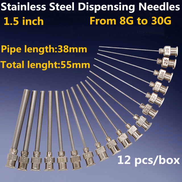 12 Pack 1 inch Stainless Steel Dispensing Needles - 6 Different Size  10/14/18/20/22/25 Gauge Luer Lock Syringe Tips Glue Blunt All Metal  Dispense
