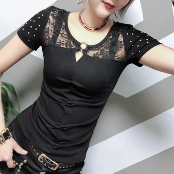 

2020 Summer Korean Clothes Sexy Patchwork Hollow Out Lace T-shirt Women Tops Ropa Mujer Shiny Rivet Bottoming Shirt Tees T02805