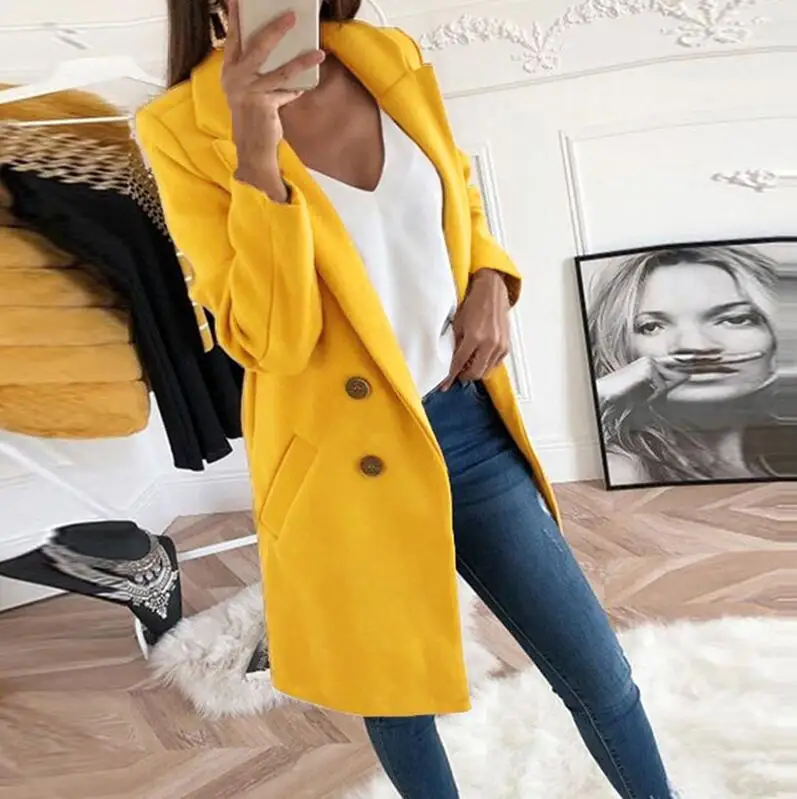 Женское пальто больших размеров XXXL из смесовой шерсти, осенне-зимняя повседневная верхняя одежда с длинным рукавом, куртки, пальто - Цвет: yellow