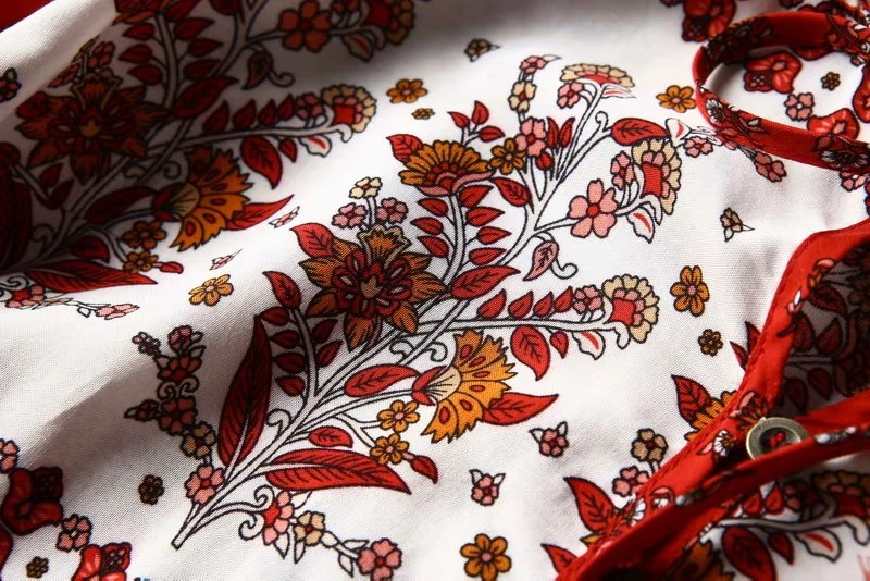 Boho Chic, женские топы, Ретро стиль, красный цветочный принт, кисточка, свободные блузки, для девушек, на шнуровке, Круглый ворот, длинный рукав, пляжные рубашки, Blusas Mujer