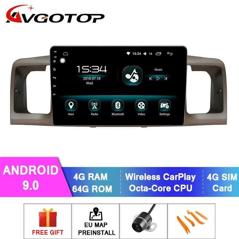 AVGOTOP Android 9,0 автомобильный аудио видео для TOYOTA 2007 Corolla 4 Гб ОЗУ 64 Гб флэш большой экран в автомобиль dvd-плеер