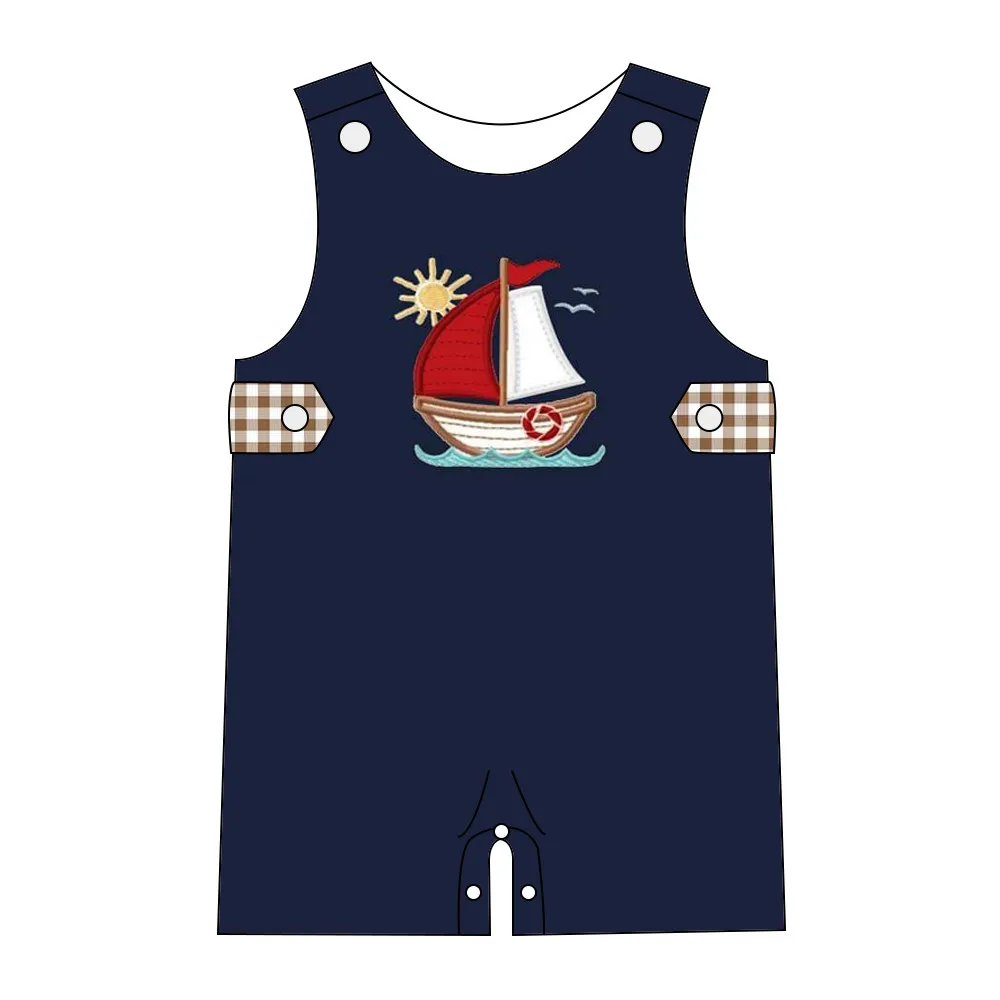 Handsome Contracted Pure Cotton Baby Boy Romper Black Sleeveless Sailboat Embroidered And Shorts Children's Crawling Suit |