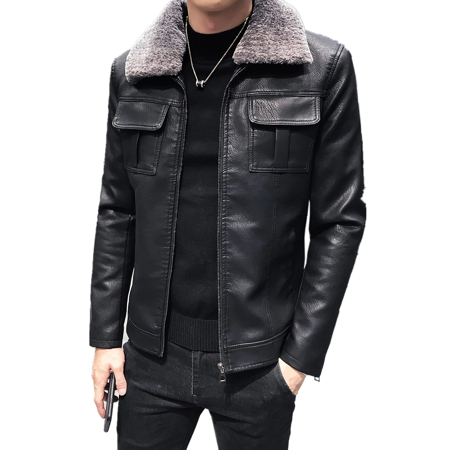Модные мужские кожаные куртки с меховым воротником Slim Fit Chaqueta Marron Hombre кожаные куртки Мотоциклетные Куртки мужские Deri Ceket