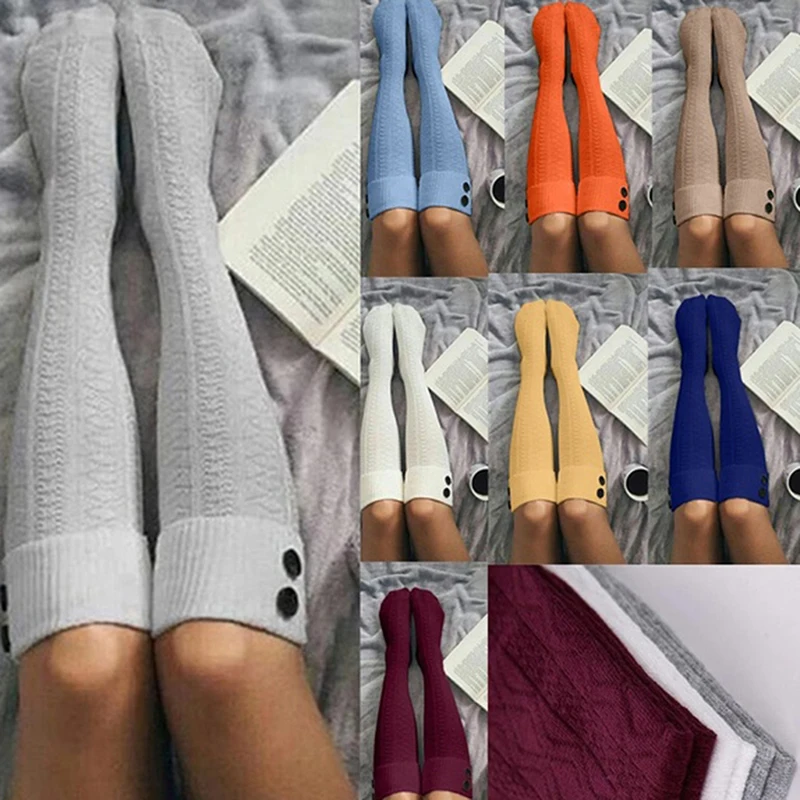 Однотонные вязаные милые чулки носки с пуговицами для школьников, теплые Гольфы выше колена женские гетры-чулки