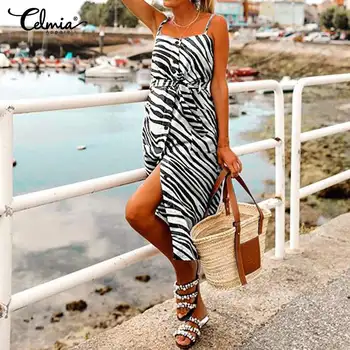 

S-5XL Plus Size Celmia Women Summer Dress Sexy Straps Off Shoulder Zebra Print Bohemian Sundress Casual Buttons Belted Vestido 7