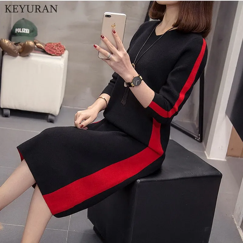 Красный Элегантное женское платье-свитер размера плюс, vestidos, макси, цветной блок,, зимнее платье, свободное вечернее платье с длинным рукавом, трикотажное, повседневное - Цвет: Красный