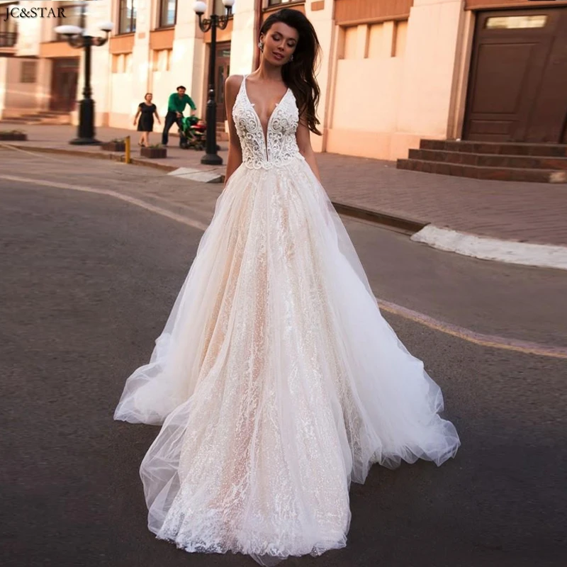picture color Robe de mariee, глубокий v-образный вырез, без рукавов, с кружевной аппликацией, свадебные платья, сексуальное, с открытой спиной, со шлейфом, ТРАПЕЦИЕВИДНОЕ, Пляжное свадебное платье - Цвет: picture color