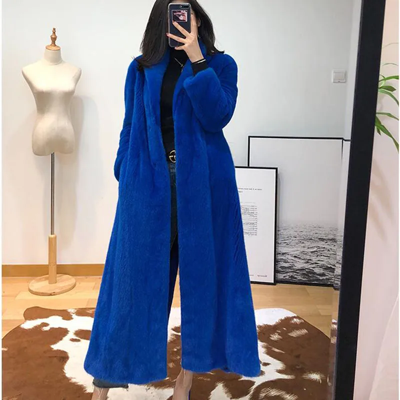 blue Новинка 130 см Длина шуба из натуральной норки куртка с воротником Тонкая зимняя женская меховая верхняя одежда размера плюс пальто - Цвет: blue