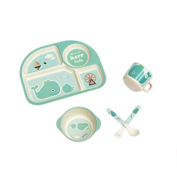 

5 Pcs/Set Bamboo Fiber Children Food Plate Bowl Cup Spoon Fork Set Kids Dishware Cartoon Tableware Dishwasher Safe
