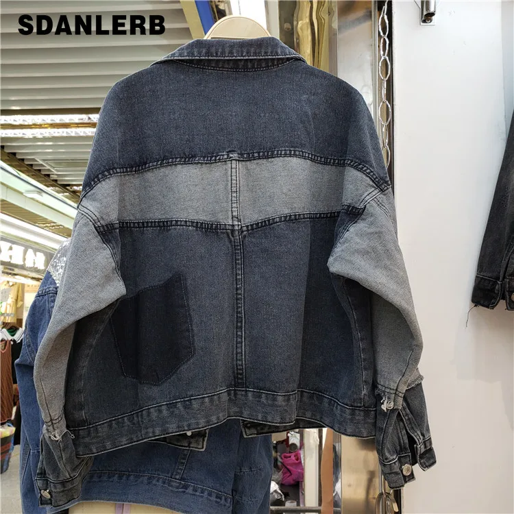 Street wear Short Grey Black Stitching Long Sleeve Denim Jacket for Women Retro Autumn Jean Jacket Ladies Slim Coat