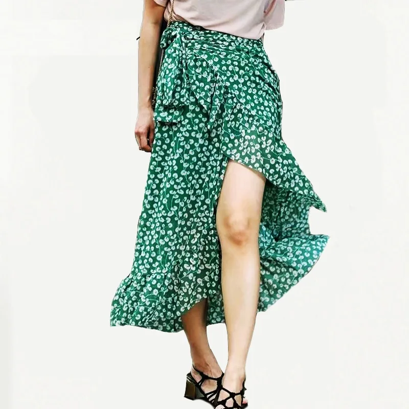 Summer style Casual irregularwomen beach boho maxi skirt 2019 Green Floral Chiffon Printed Lotus Skirt Wrap lace-up skirts | Женская