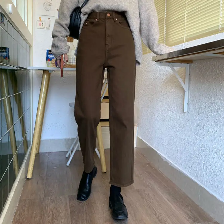 Jeans Women Solid Straight High Waist Jean Retro Korean Style BF Autumn Ankle-length Causal Denim Womens Simple Ins Trendy Daily